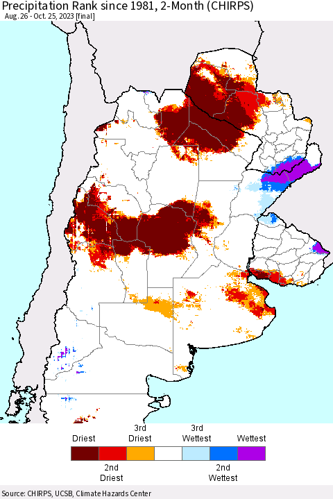 Southern South America Precipitation Rank since 1981, 2-Month (CHIRPS) Thematic Map For 8/26/2023 - 10/25/2023