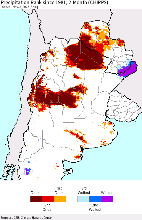 Southern South America Precipitation Rank since 1981, 2-Month (CHIRPS) Thematic Map For 9/6/2023 - 11/5/2023