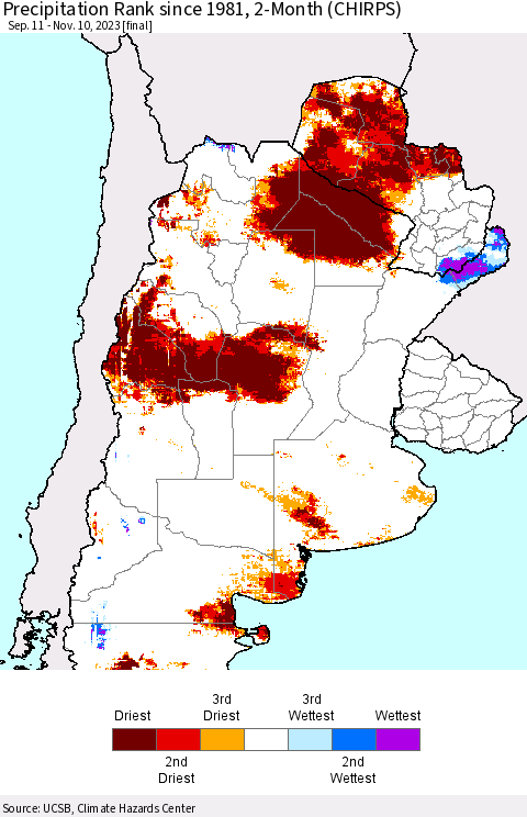 Southern South America Precipitation Rank since 1981, 2-Month (CHIRPS) Thematic Map For 9/11/2023 - 11/10/2023