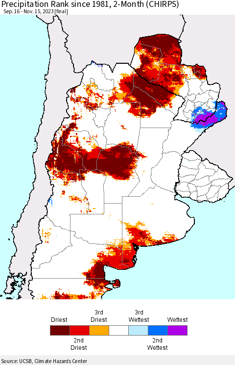 Southern South America Precipitation Rank since 1981, 2-Month (CHIRPS) Thematic Map For 9/16/2023 - 11/15/2023