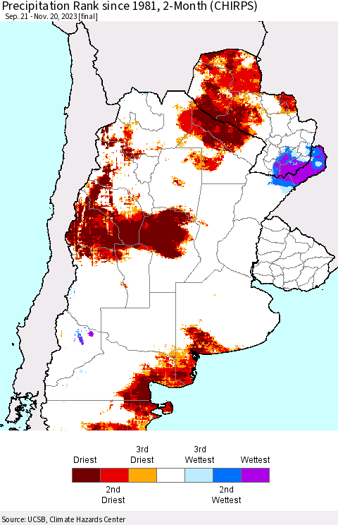 Southern South America Precipitation Rank since 1981, 2-Month (CHIRPS) Thematic Map For 9/21/2023 - 11/20/2023