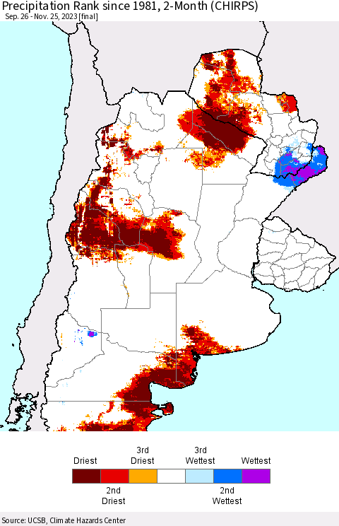 Southern South America Precipitation Rank since 1981, 2-Month (CHIRPS) Thematic Map For 9/26/2023 - 11/25/2023