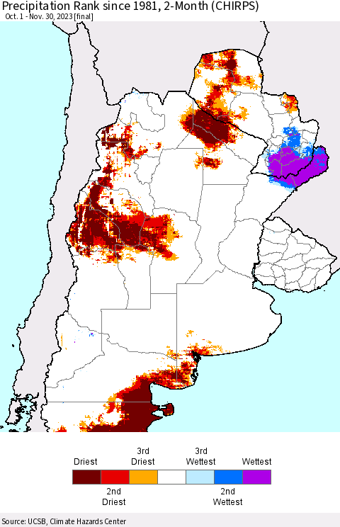 Southern South America Precipitation Rank since 1981, 2-Month (CHIRPS) Thematic Map For 10/1/2023 - 11/30/2023