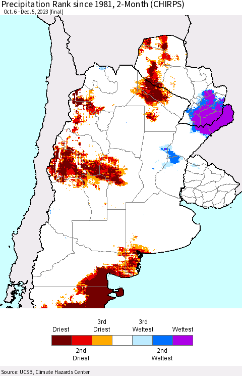 Southern South America Precipitation Rank since 1981, 2-Month (CHIRPS) Thematic Map For 10/6/2023 - 12/5/2023