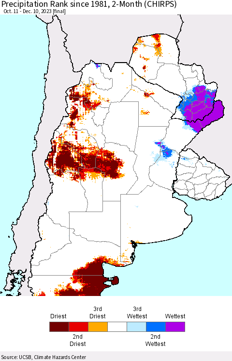 Southern South America Precipitation Rank since 1981, 2-Month (CHIRPS) Thematic Map For 10/11/2023 - 12/10/2023