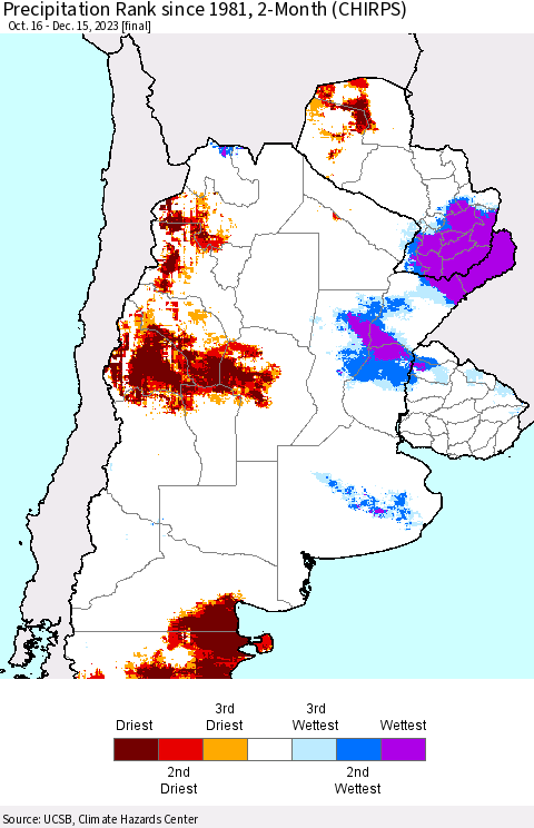 Southern South America Precipitation Rank since 1981, 2-Month (CHIRPS) Thematic Map For 10/16/2023 - 12/15/2023
