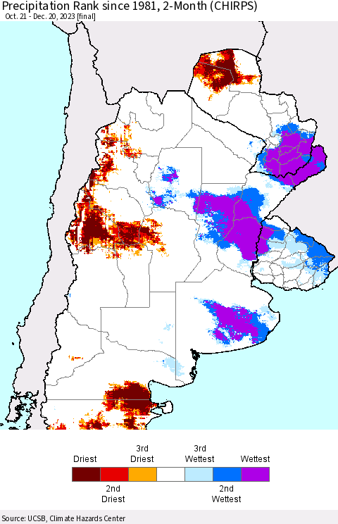 Southern South America Precipitation Rank since 1981, 2-Month (CHIRPS) Thematic Map For 10/21/2023 - 12/20/2023