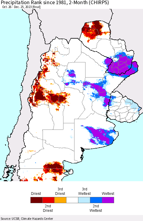 Southern South America Precipitation Rank since 1981, 2-Month (CHIRPS) Thematic Map For 10/26/2023 - 12/25/2023