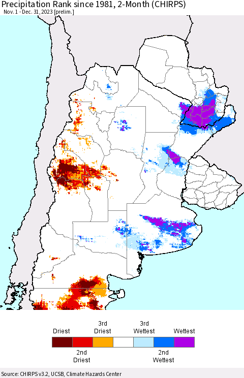 Southern South America Precipitation Rank since 1981, 2-Month (CHIRPS) Thematic Map For 11/1/2023 - 12/31/2023
