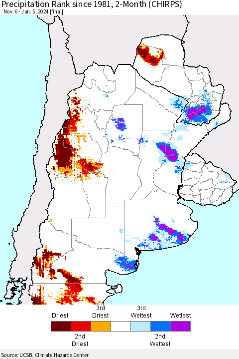 Southern South America Precipitation Rank since 1981, 2-Month (CHIRPS) Thematic Map For 11/6/2023 - 1/5/2024