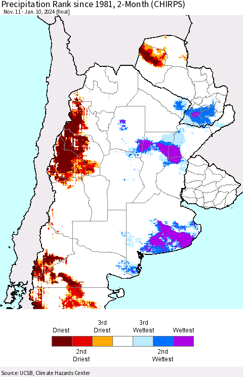 Southern South America Precipitation Rank since 1981, 2-Month (CHIRPS) Thematic Map For 11/11/2023 - 1/10/2024