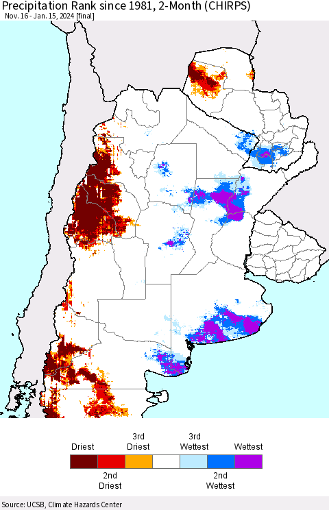 Southern South America Precipitation Rank since 1981, 2-Month (CHIRPS) Thematic Map For 11/16/2023 - 1/15/2024