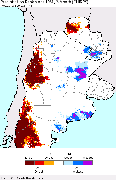 Southern South America Precipitation Rank since 1981, 2-Month (CHIRPS) Thematic Map For 11/21/2023 - 1/20/2024