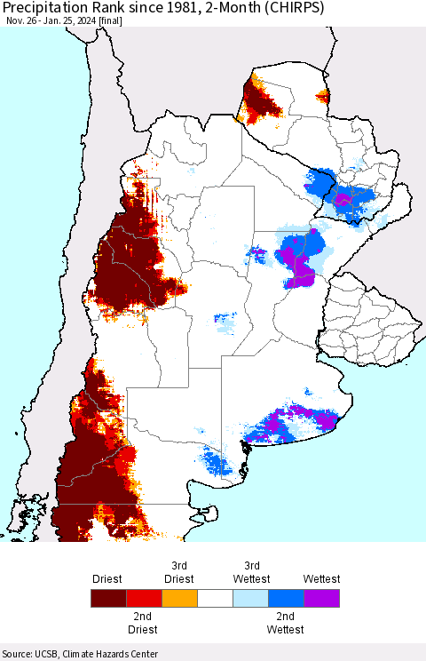 Southern South America Precipitation Rank since 1981, 2-Month (CHIRPS) Thematic Map For 11/26/2023 - 1/25/2024
