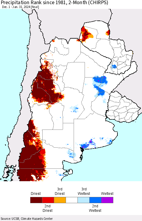 Southern South America Precipitation Rank since 1981, 2-Month (CHIRPS) Thematic Map For 12/1/2023 - 1/31/2024