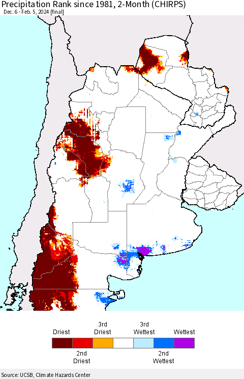 Southern South America Precipitation Rank since 1981, 2-Month (CHIRPS) Thematic Map For 12/6/2023 - 2/5/2024