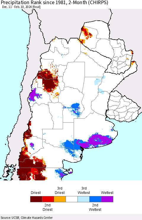 Southern South America Precipitation Rank since 1981, 2-Month (CHIRPS) Thematic Map For 12/11/2023 - 2/10/2024