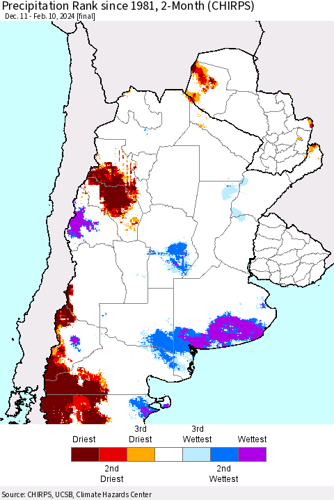 Southern South America Precipitation Rank since 1981, 2-Month (CHIRPS) Thematic Map For 12/11/2023 - 2/10/2024