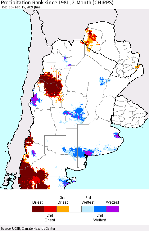 Southern South America Precipitation Rank since 1981, 2-Month (CHIRPS) Thematic Map For 12/16/2023 - 2/15/2024