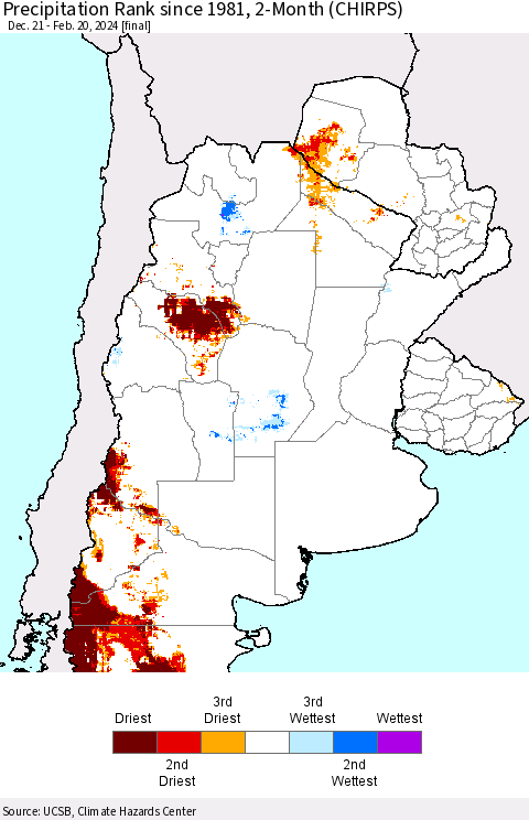 Southern South America Precipitation Rank since 1981, 2-Month (CHIRPS) Thematic Map For 12/21/2023 - 2/20/2024