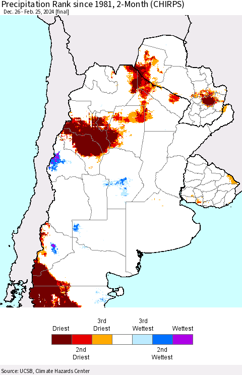 Southern South America Precipitation Rank since 1981, 2-Month (CHIRPS) Thematic Map For 12/26/2023 - 2/25/2024