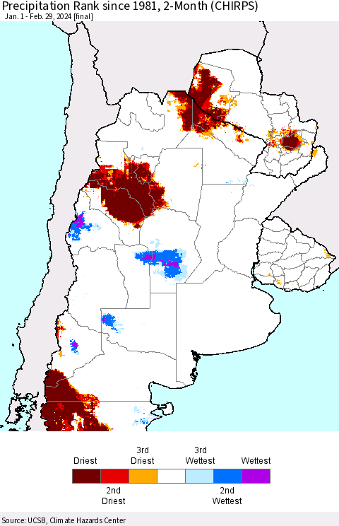 Southern South America Precipitation Rank since 1981, 2-Month (CHIRPS) Thematic Map For 1/1/2024 - 2/29/2024