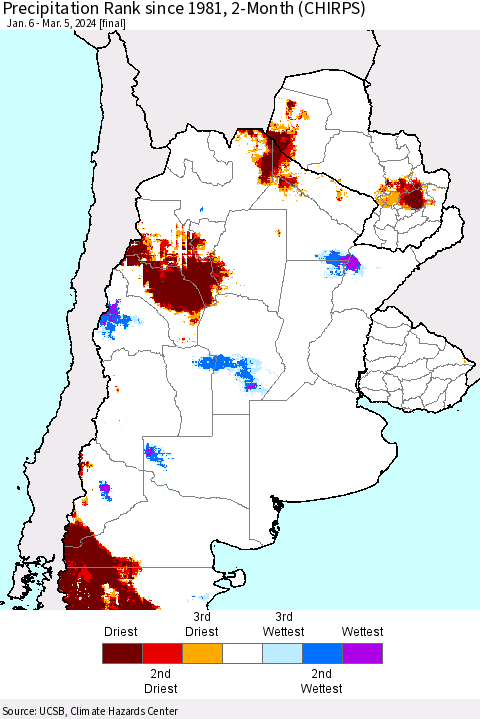 Southern South America Precipitation Rank since 1981, 2-Month (CHIRPS) Thematic Map For 1/6/2024 - 3/5/2024