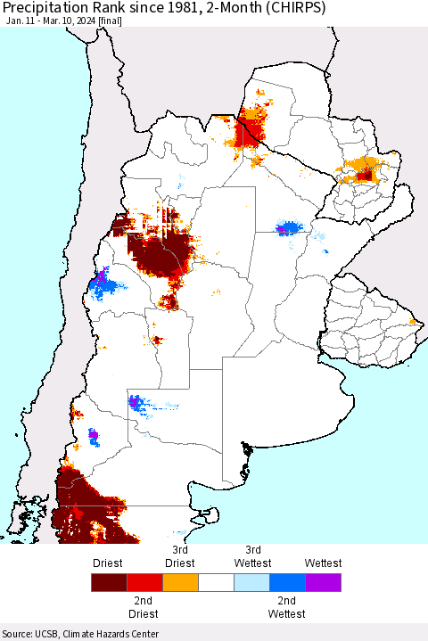 Southern South America Precipitation Rank since 1981, 2-Month (CHIRPS) Thematic Map For 1/11/2024 - 3/10/2024