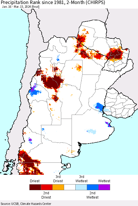 Southern South America Precipitation Rank since 1981, 2-Month (CHIRPS) Thematic Map For 1/16/2024 - 3/15/2024