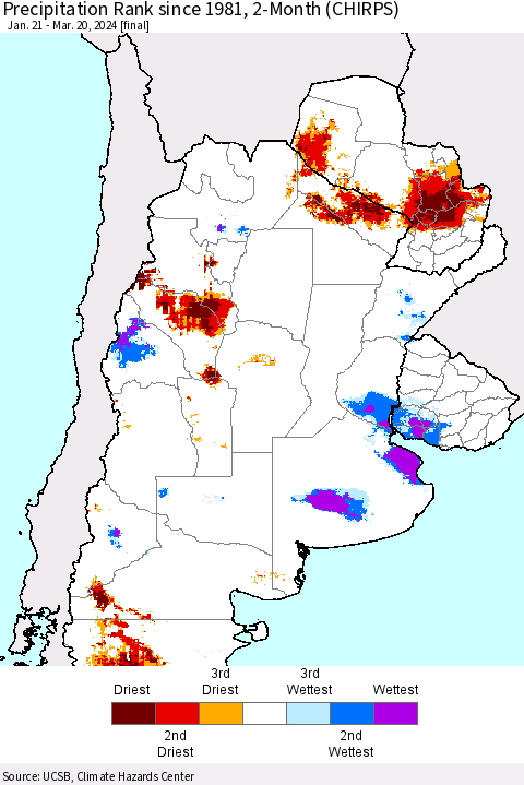 Southern South America Precipitation Rank since 1981, 2-Month (CHIRPS) Thematic Map For 1/21/2024 - 3/20/2024