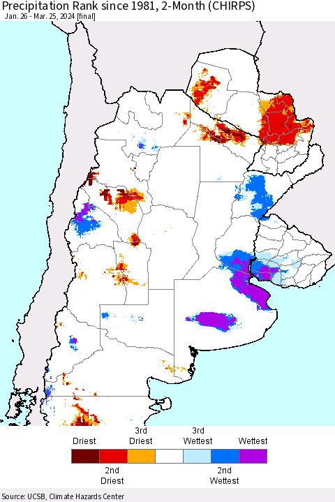 Southern South America Precipitation Rank since 1981, 2-Month (CHIRPS) Thematic Map For 1/26/2024 - 3/25/2024