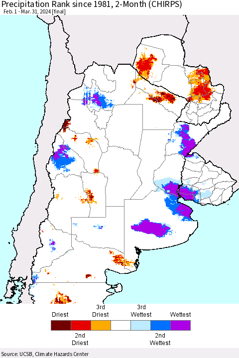 Southern South America Precipitation Rank since 1981, 2-Month (CHIRPS) Thematic Map For 2/1/2024 - 3/31/2024