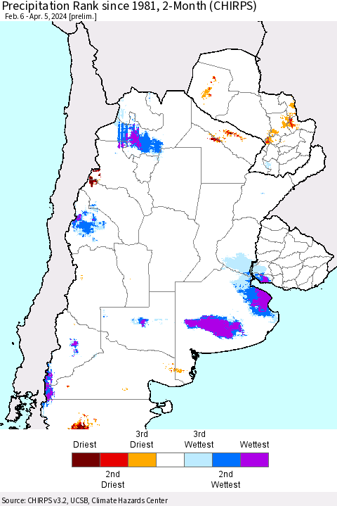 Southern South America Precipitation Rank since 1981, 2-Month (CHIRPS) Thematic Map For 2/6/2024 - 4/5/2024
