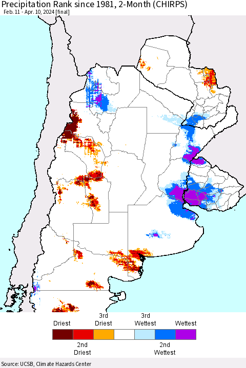 Southern South America Precipitation Rank since 1981, 2-Month (CHIRPS) Thematic Map For 2/11/2024 - 4/10/2024