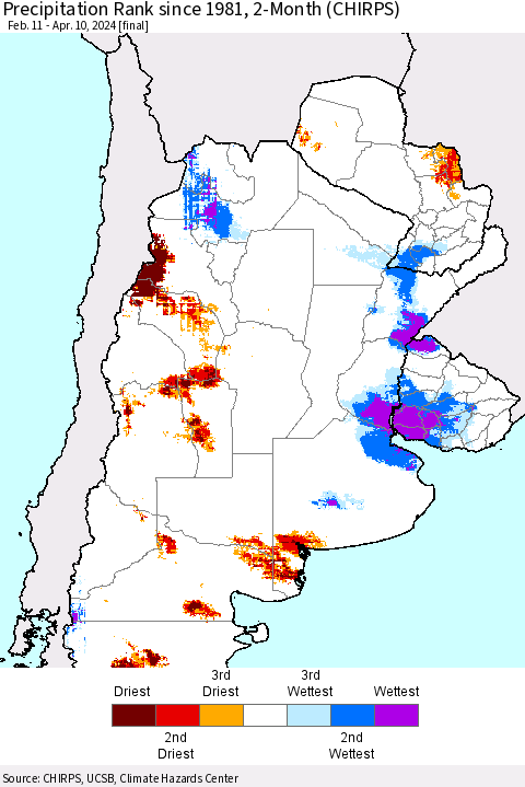 Southern South America Precipitation Rank since 1981, 2-Month (CHIRPS) Thematic Map For 2/11/2024 - 4/10/2024