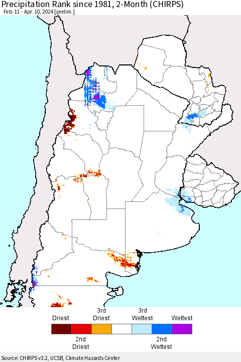 Southern South America Precipitation Rank since 1981, 2-Month (CHIRPS) Thematic Map For 2/11/2024 - 4/10/2024