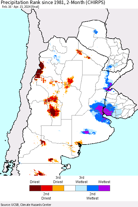 Southern South America Precipitation Rank since 1981, 2-Month (CHIRPS) Thematic Map For 2/16/2024 - 4/15/2024