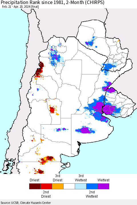 Southern South America Precipitation Rank since 1981, 2-Month (CHIRPS) Thematic Map For 2/21/2024 - 4/20/2024