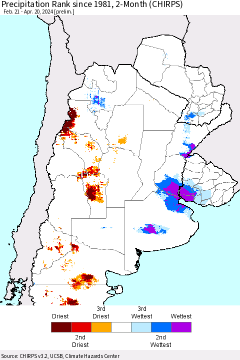 Southern South America Precipitation Rank since 1981, 2-Month (CHIRPS) Thematic Map For 2/21/2024 - 4/20/2024