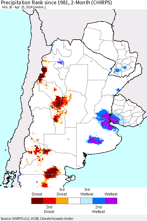 Southern South America Precipitation Rank since 1981, 2-Month (CHIRPS) Thematic Map For 2/26/2024 - 4/25/2024