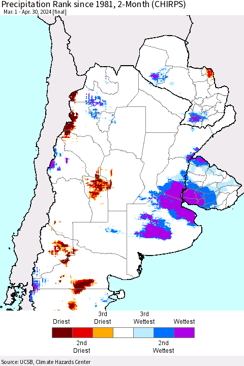 Southern South America Precipitation Rank since 1981, 2-Month (CHIRPS) Thematic Map For 3/1/2024 - 4/30/2024