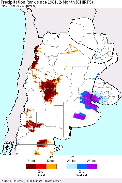 Southern South America Precipitation Rank since 1981, 2-Month (CHIRPS) Thematic Map For 3/1/2024 - 4/30/2024