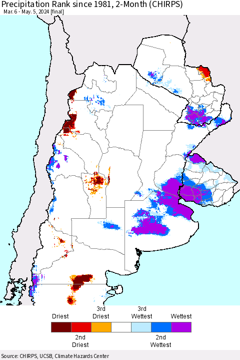 Southern South America Precipitation Rank since 1981, 2-Month (CHIRPS) Thematic Map For 3/6/2024 - 5/5/2024