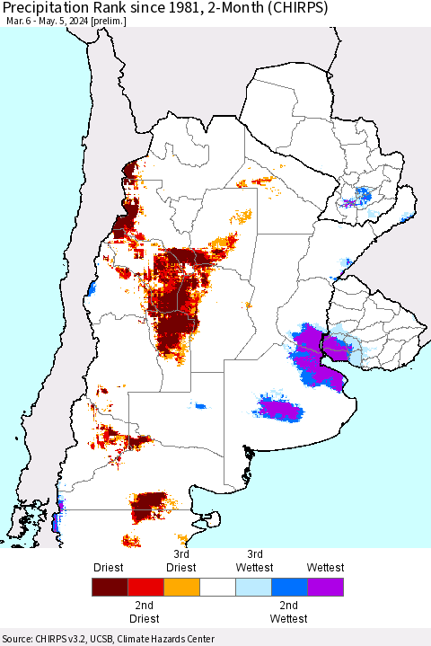Southern South America Precipitation Rank since 1981, 2-Month (CHIRPS) Thematic Map For 3/6/2024 - 5/5/2024