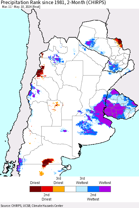 Southern South America Precipitation Rank since 1981, 2-Month (CHIRPS) Thematic Map For 3/11/2024 - 5/10/2024
