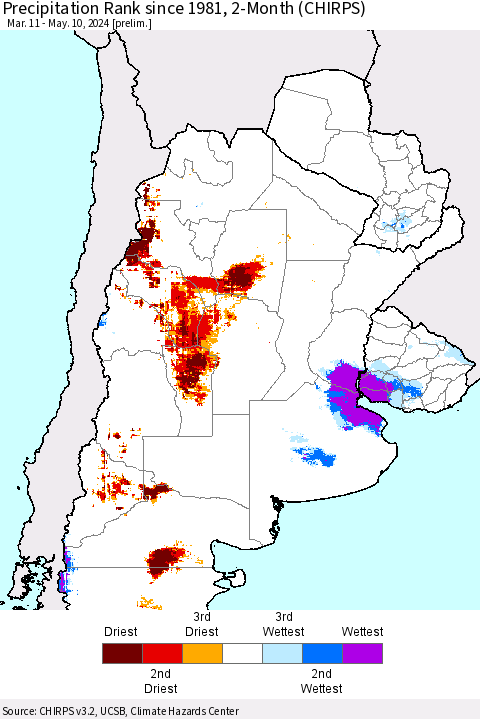 Southern South America Precipitation Rank since 1981, 2-Month (CHIRPS) Thematic Map For 3/11/2024 - 5/10/2024