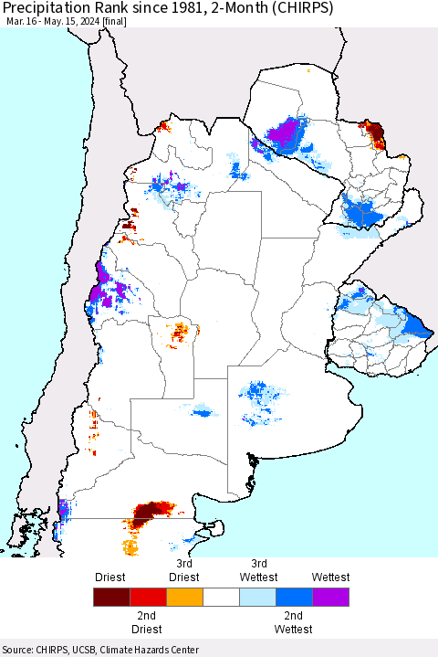 Southern South America Precipitation Rank since 1981, 2-Month (CHIRPS) Thematic Map For 3/16/2024 - 5/15/2024