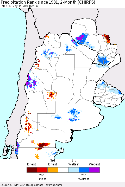 Southern South America Precipitation Rank since 1981, 2-Month (CHIRPS) Thematic Map For 3/16/2024 - 5/15/2024