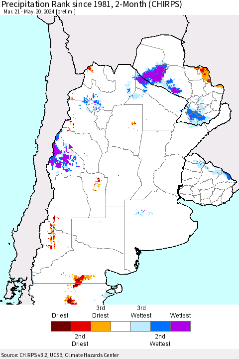 Southern South America Precipitation Rank since 1981, 2-Month (CHIRPS) Thematic Map For 3/21/2024 - 5/20/2024