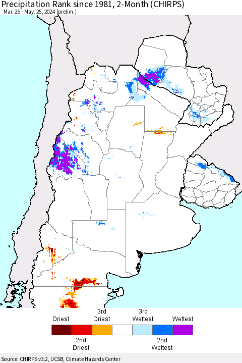 Southern South America Precipitation Rank since 1981, 2-Month (CHIRPS) Thematic Map For 3/26/2024 - 5/25/2024